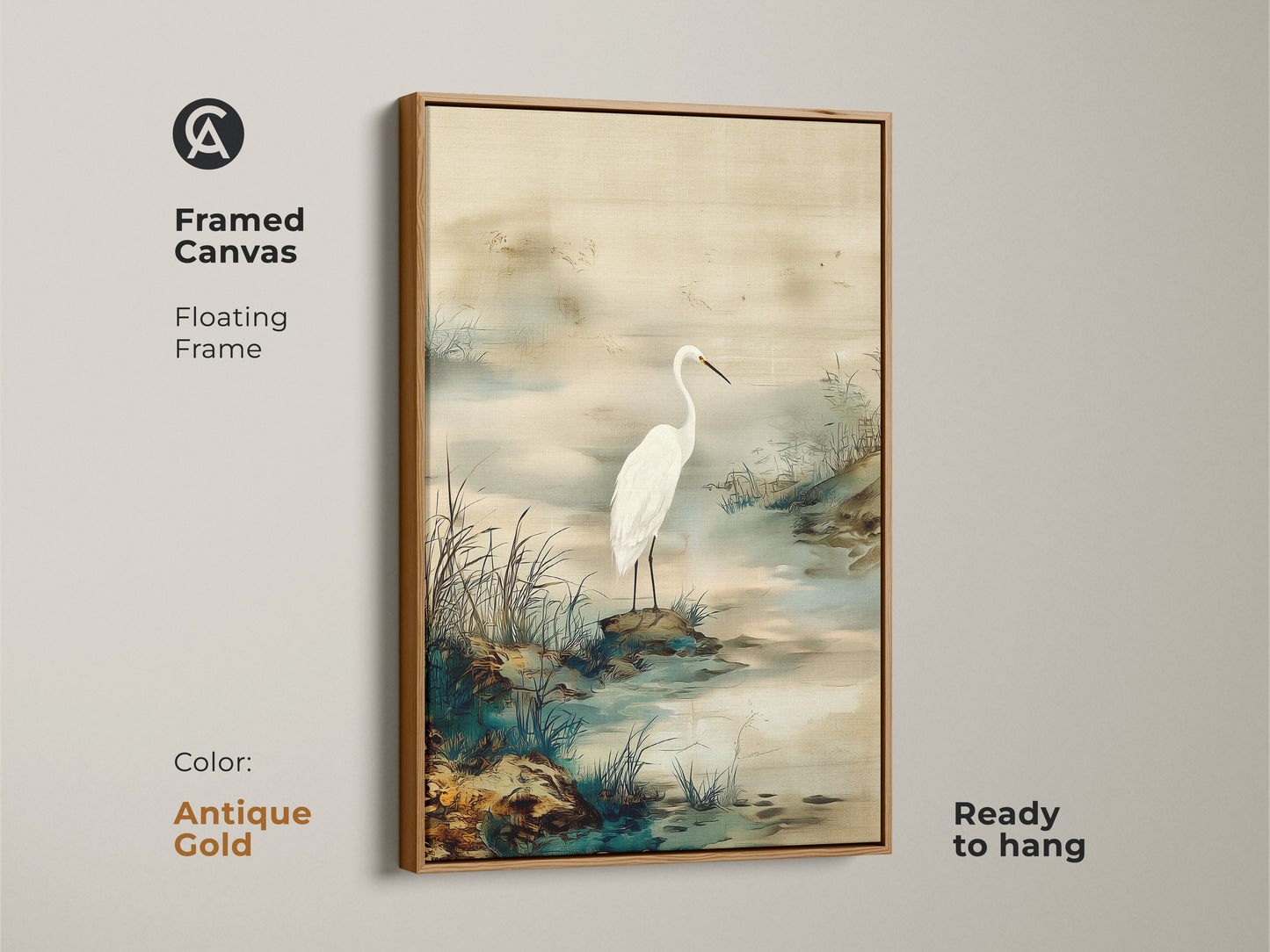 Antique Gold framed canvas featuring an Egret bird. Japandi style wall art displays a minimalist landscape. An ink wash egret painting with beige and green colors. Adds sophistication to home decor.