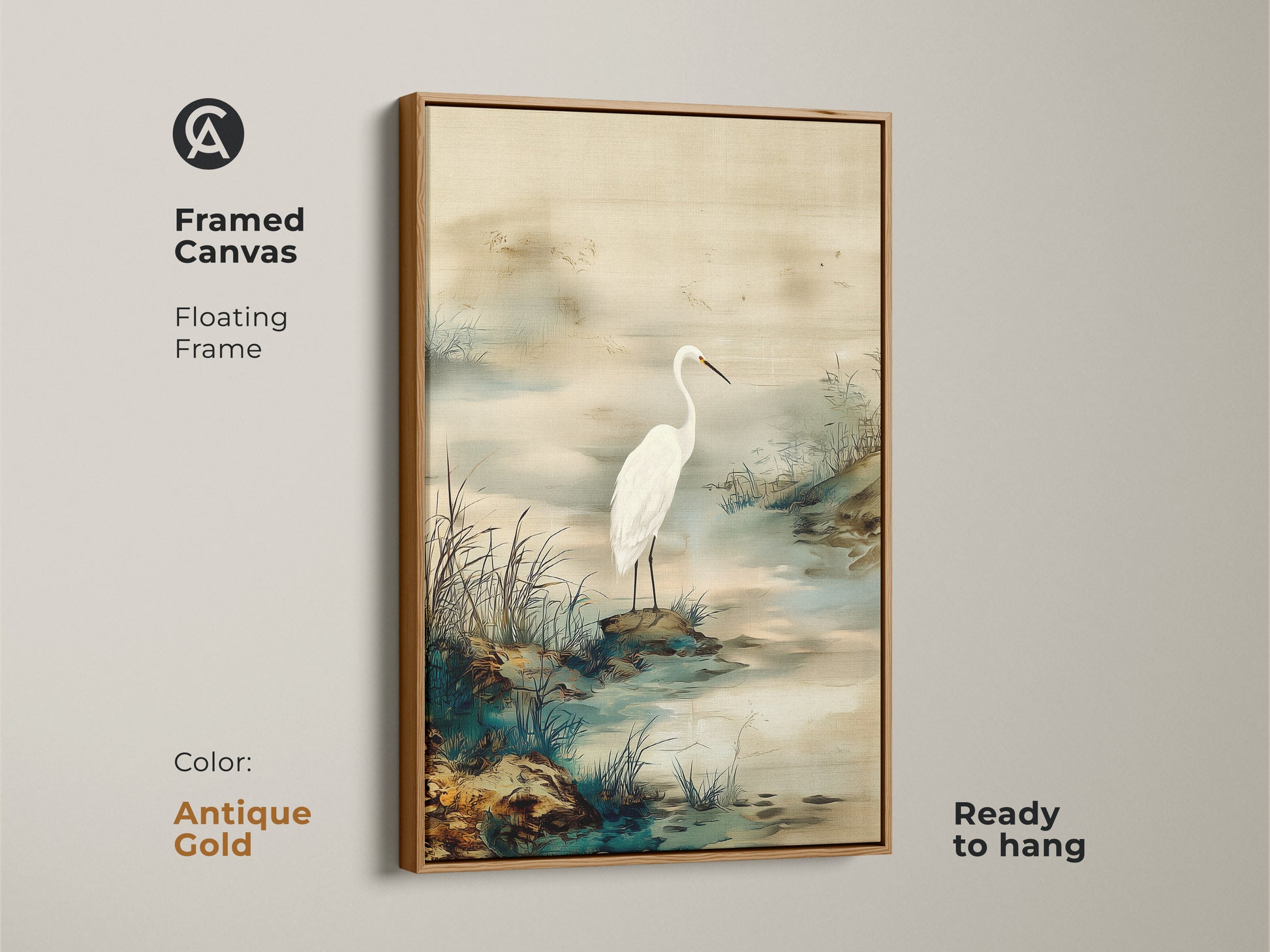 Antique Gold framed canvas featuring an Egret bird. Japandi style wall art displays a minimalist landscape. An ink wash egret painting with beige and green colors. Adds sophistication to home decor.