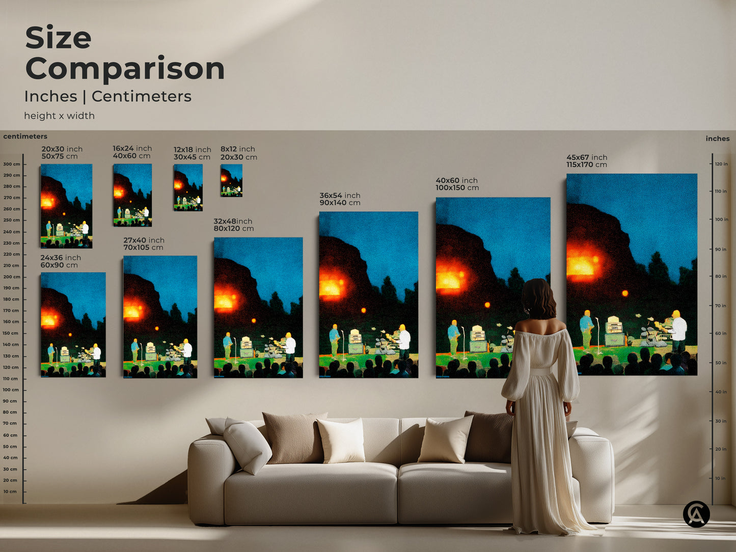 Compare sizes of this pointillism wall art with this size comparison guide. This music scene art is available in inches and centimeters. It is perfect for eclectic bedroom artwork. Get the best live music art print for your music themed room.
