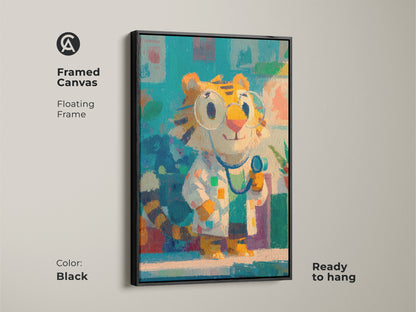 Framed canvas featuring a cartoon tiger dressed as a doctor. The floating frame in black adds sophistication. This ready-to-hang piece is perfect for adding a touch of whimsy. An excellent art choice for hospitals.