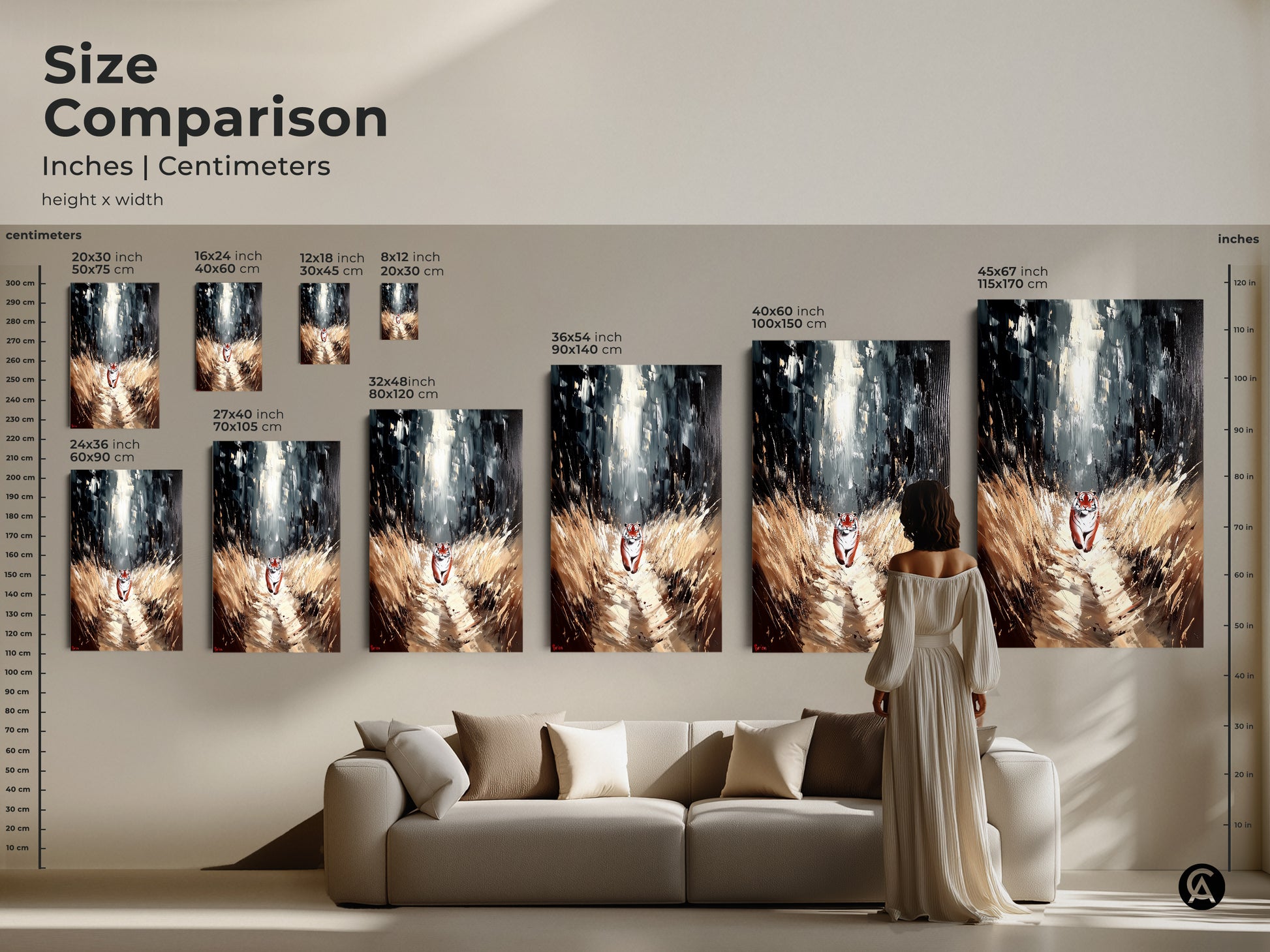 Size Comparison for Tiger Forest Canvas Art. Inches and Centimeters size options. Canvas and poster art sizes are displayed with a woman and couch for comparison purposes.