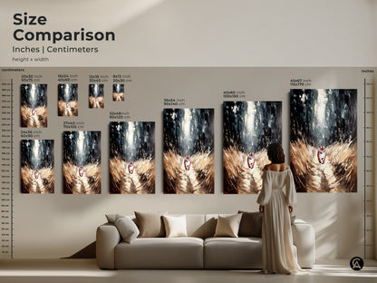 Size Comparison for Tiger Forest Canvas Art. Inches and Centimeters size options. Canvas and poster art sizes are displayed with a woman and couch for comparison purposes.