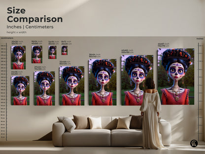 Compare sizes of our Mexican Sugar Skull artwork prints. Inches and centimeters are shown for all canvas and poster sizes. Find the ideal dimensions for your eclectic wall decor. Add a touch of Mexican folk art to your living room.