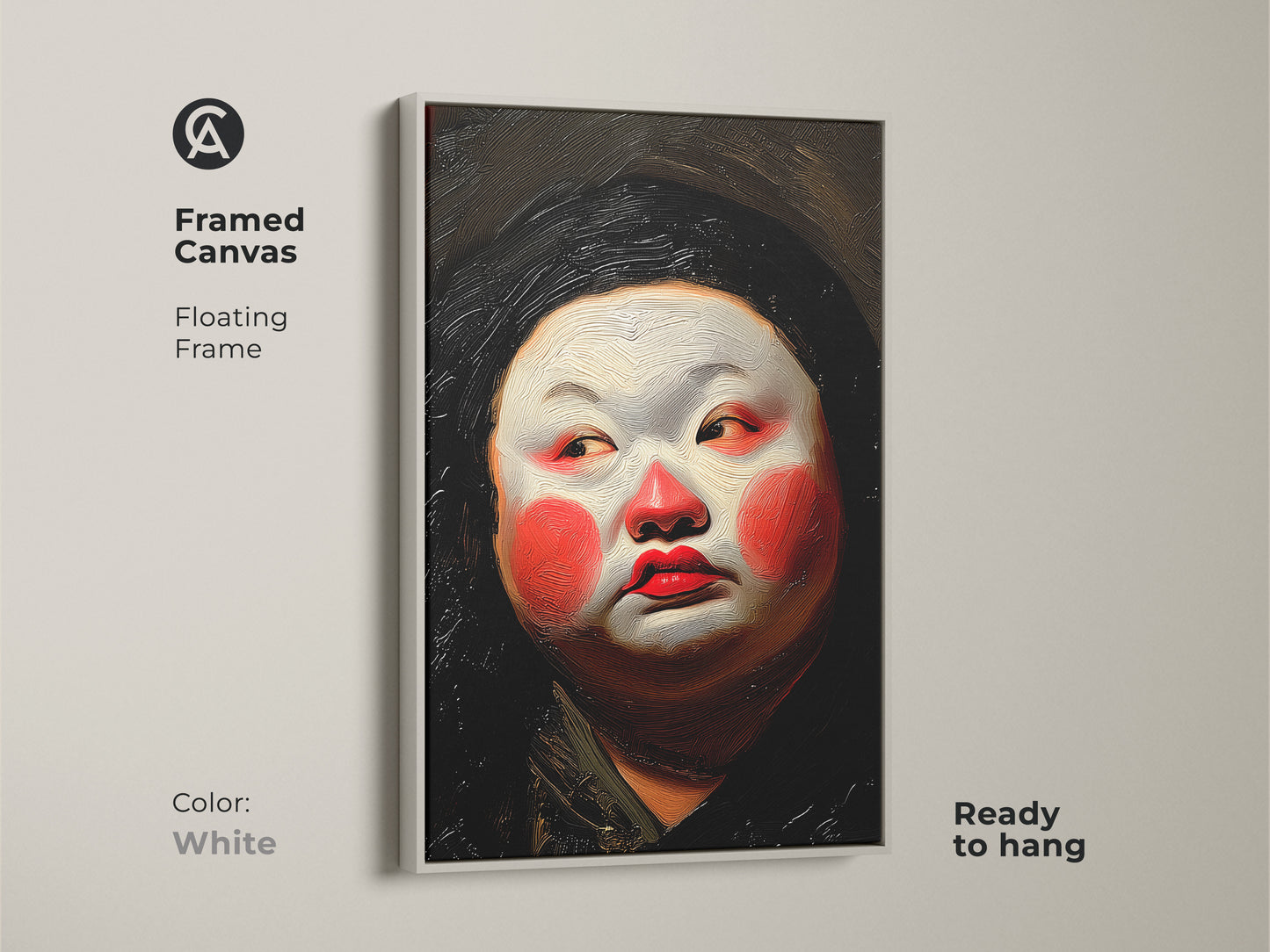 Framed canvas print of a Geisha portrait. A floating frame in white offers a clean look. Ready to hang for simple display. Red white orange colors create a striking effect. Enhance your walls with this modern Asian art.