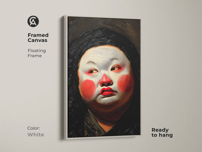 Framed canvas print of a Geisha portrait. A floating frame in white offers a clean look. Ready to hang for simple display. Red white orange colors create a striking effect. Enhance your walls with this modern Asian art.