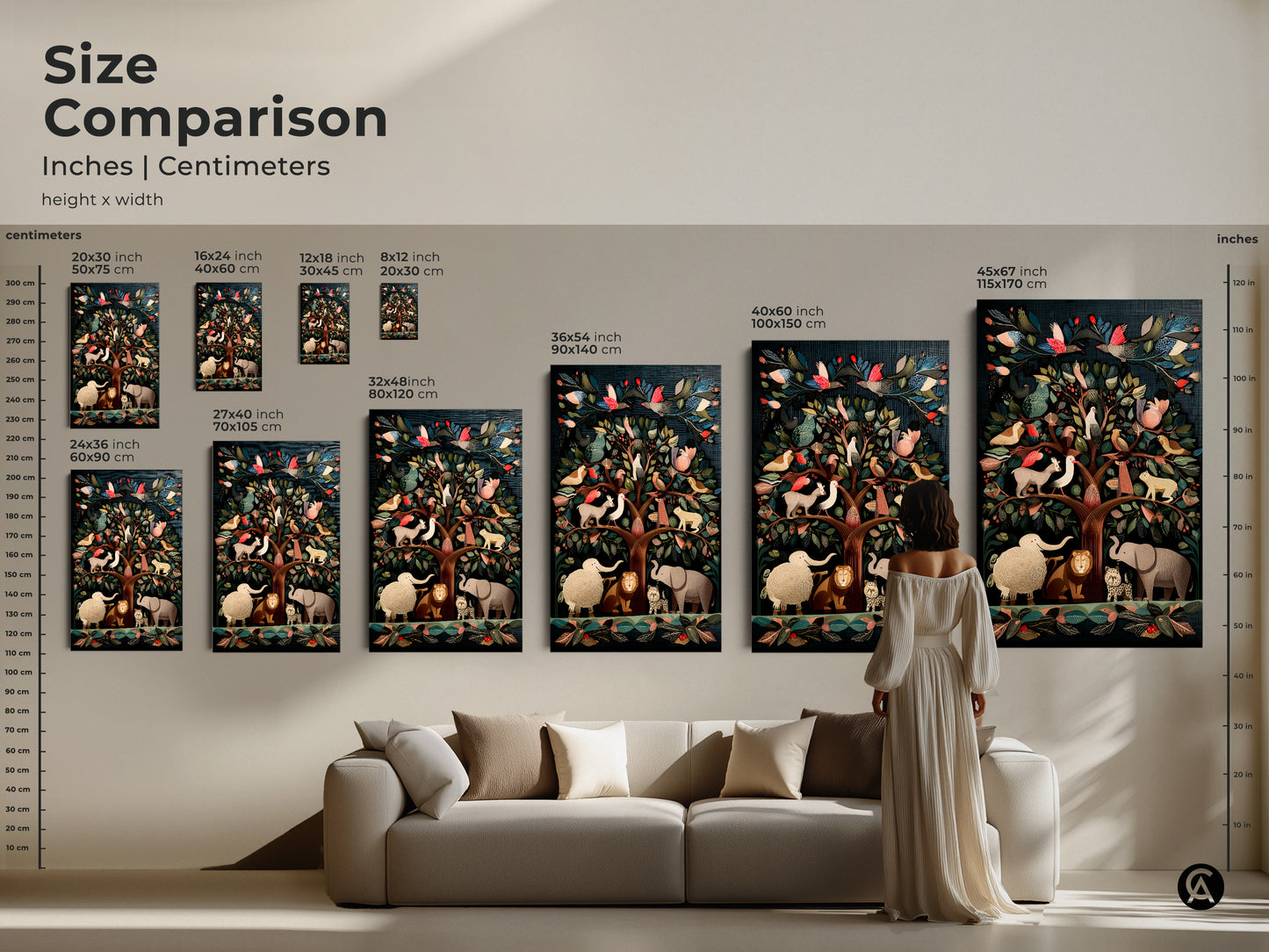 Size comparison of the Folk Art Tree of Life artwork. The canvas art is available in various sizes. Visualize how the artwork fits above a sofa. Perfect for adding a touch of nature to your cozy home decor
