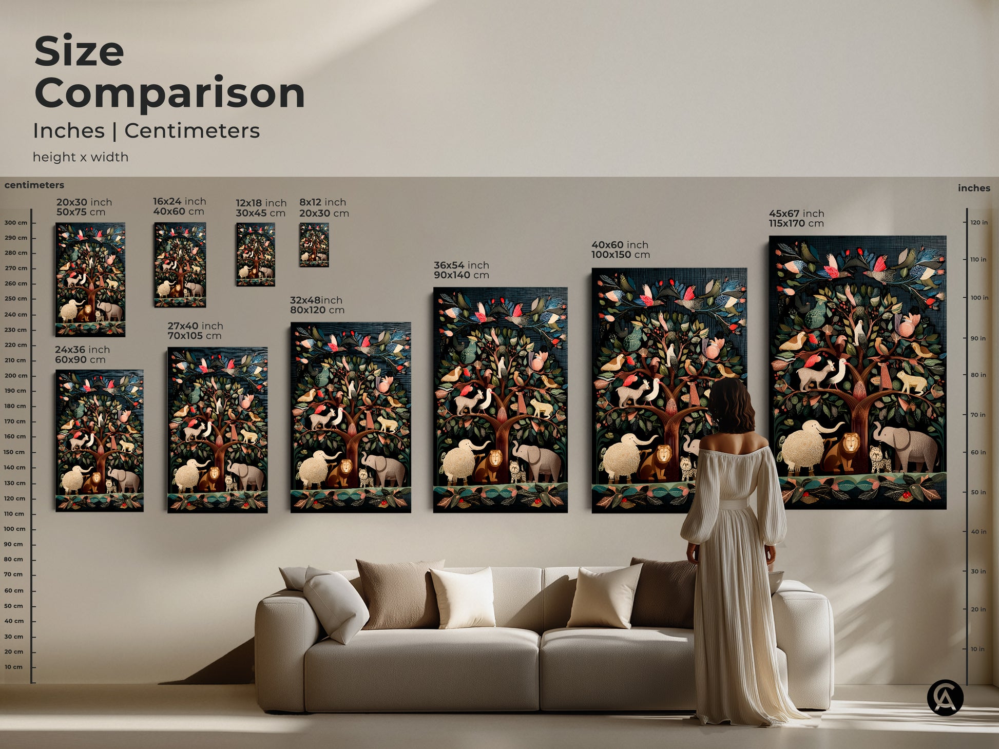 Size comparison of the Folk Art Tree of Life artwork. The canvas art is available in various sizes. Visualize how the artwork fits above a sofa. Perfect for adding a touch of nature to your cozy home decor