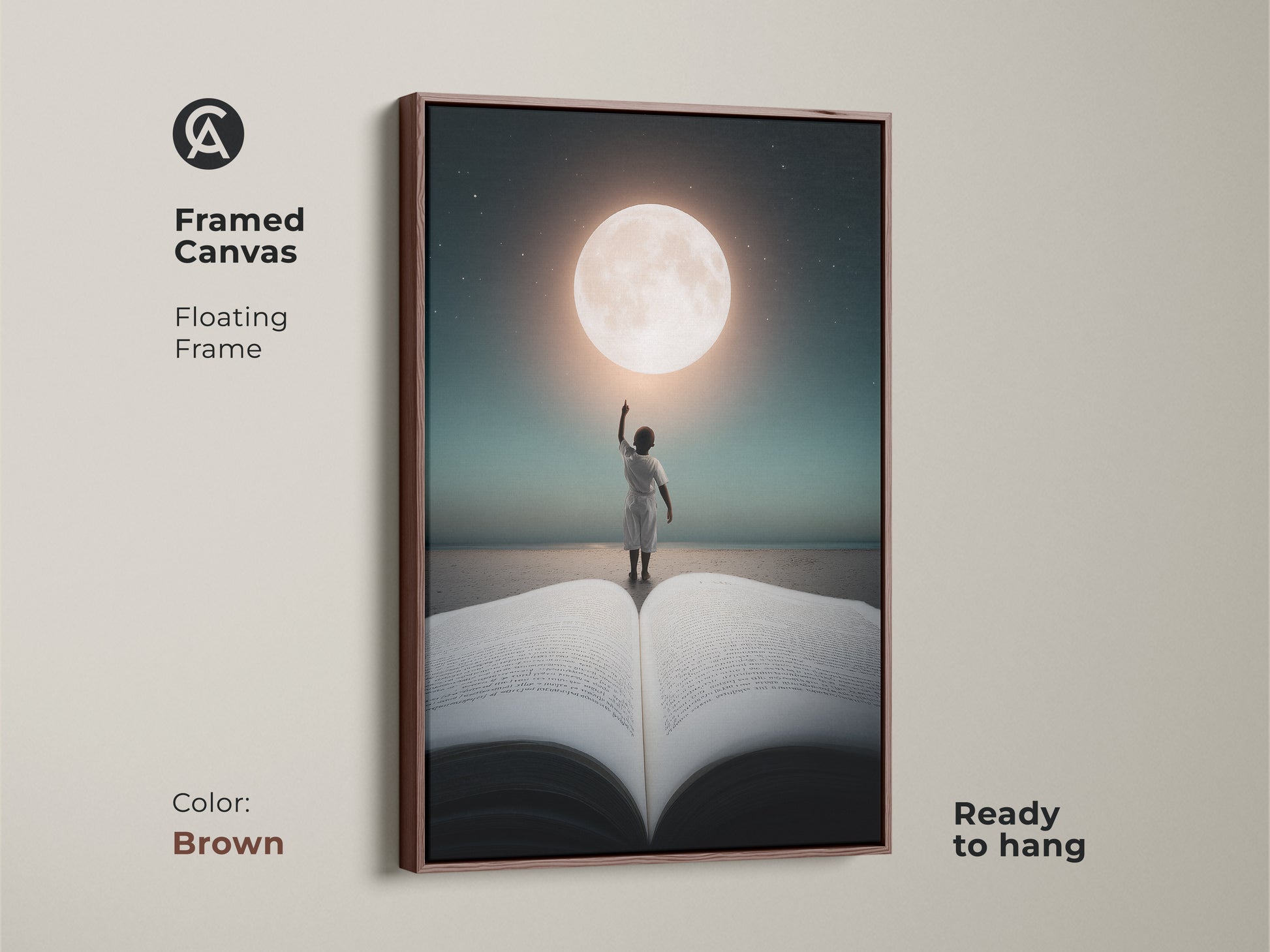Framed canvas with a floating frame displays a child reaching for the moon. The brown frame complements this ready to hang artwork. The teal moon sky print adds a touch of wonder to any home decor.
