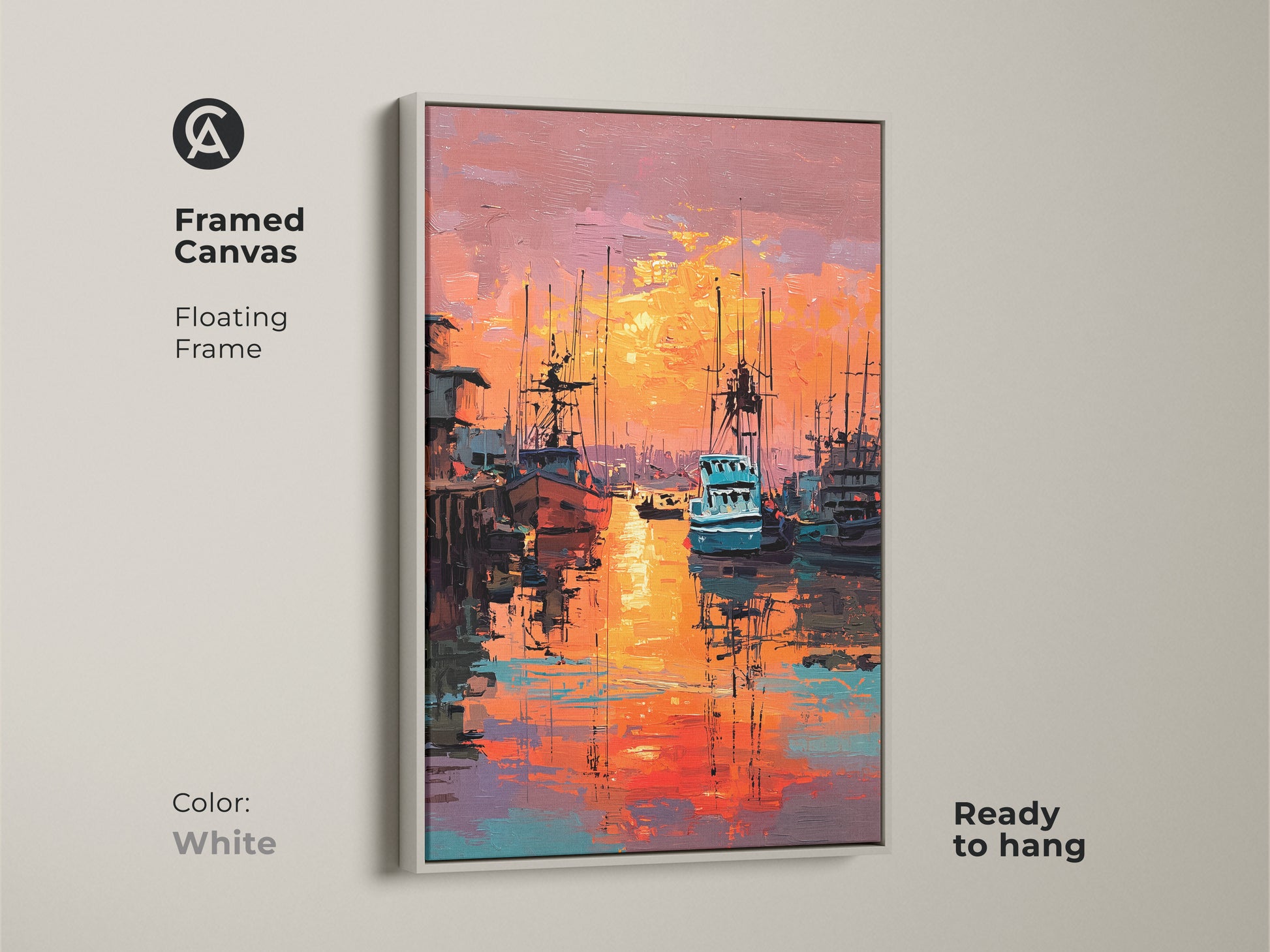 This framed canvas artwork features a vibrant harbor scene at sunset. Framed in white the floating frame enhances the marine artwork. Ready to hang this piece adds a fresh touch to your decor. The oil painting style is captivating.