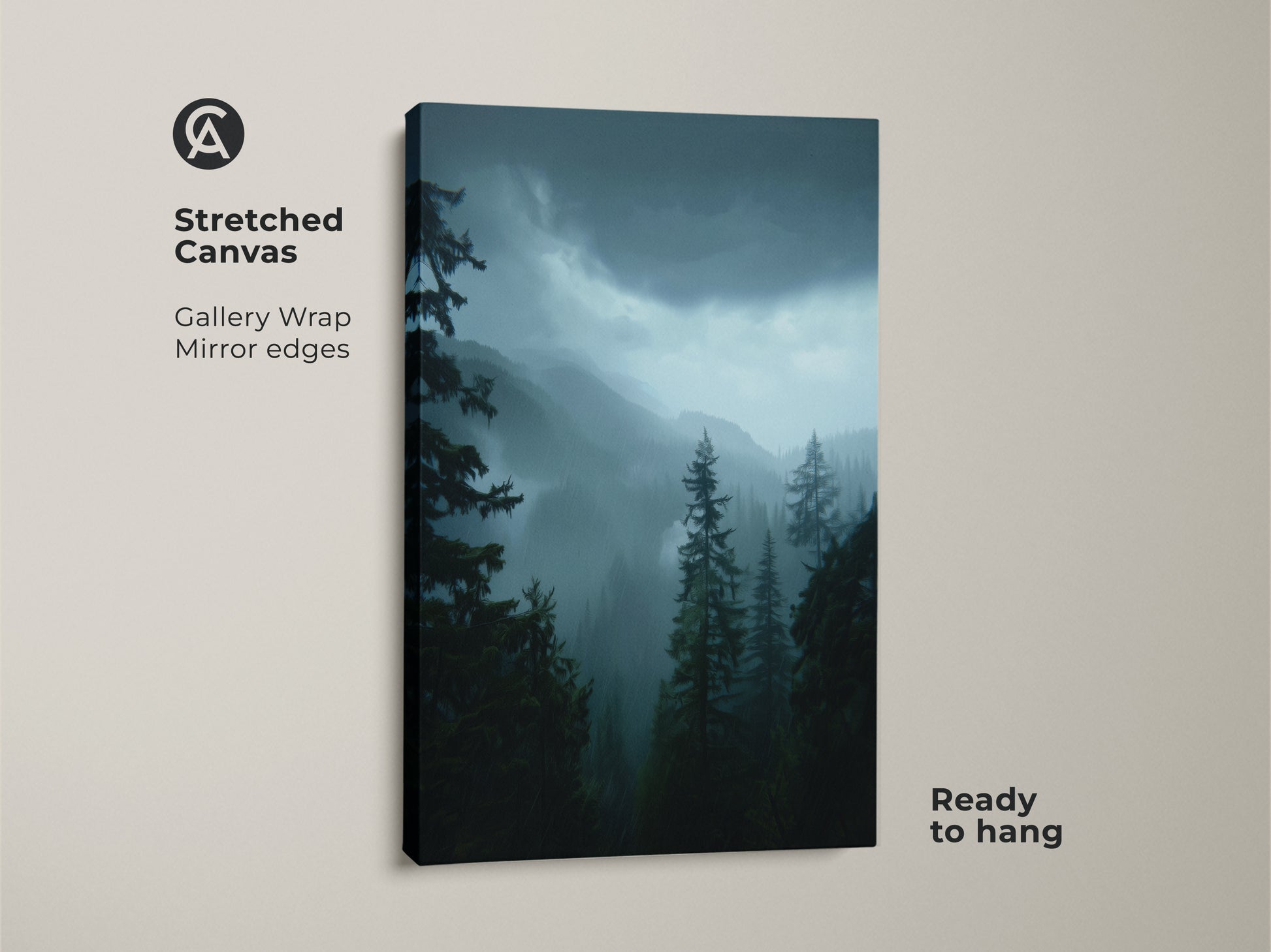Stretched canvas of a blue misty mountain artwork. Moody forest wall decor features pine trees. Atmospheric nature canvas ideal as forest cabin decor art. This blue green forest print will add a unique touch to your home. Ready to hang with gallery wrap mirror edges.