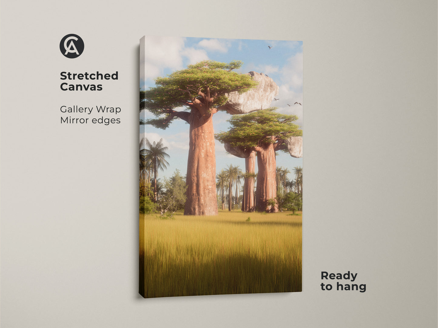 Stretched Canvas of Baobab tree art. The African savanna landscape print is gallery wrapped. It has mirrored edges and is ready to hang. This boho wall decor is perfect for a bedroom. It is a great travelers gift wall art.