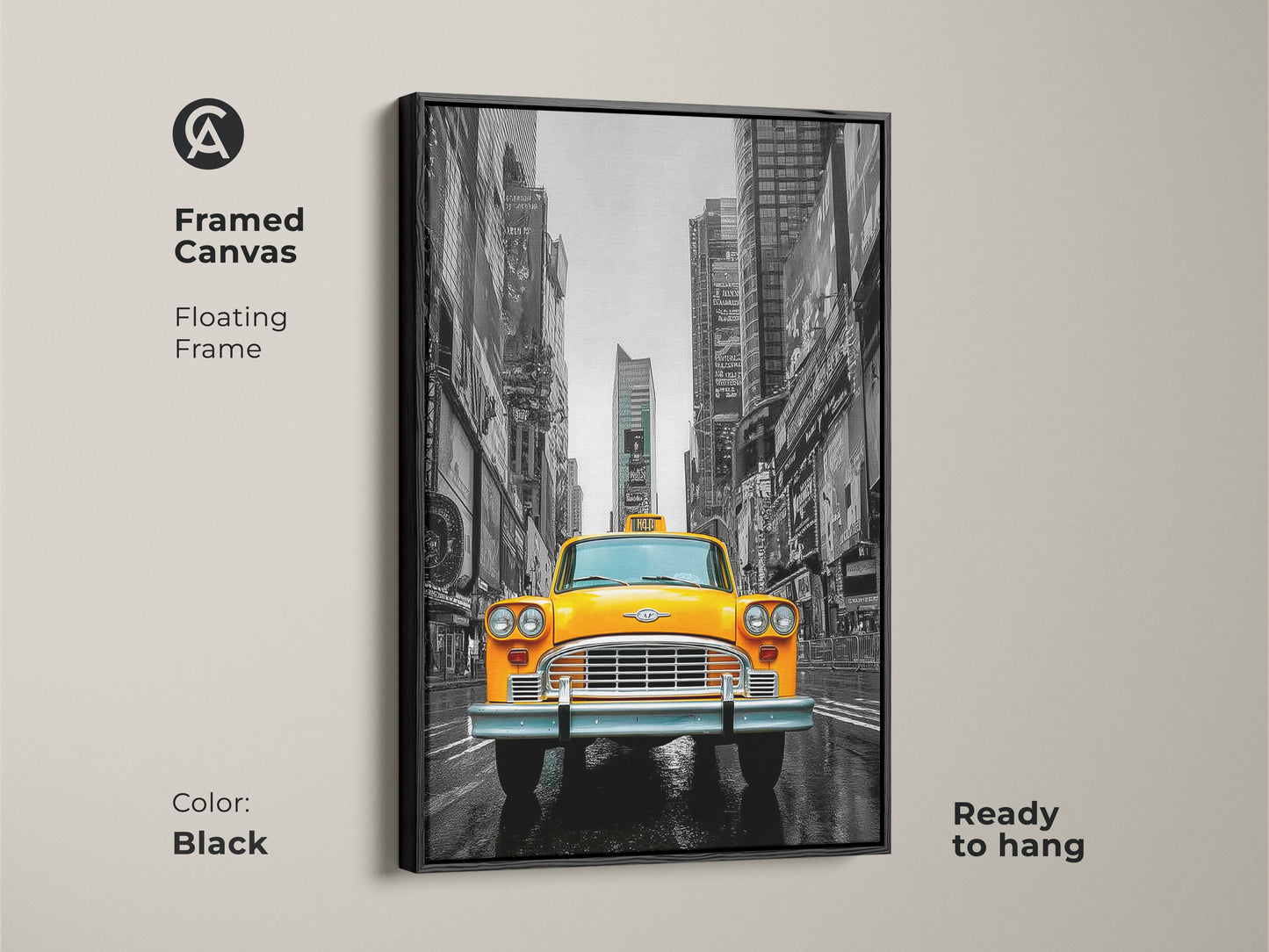 Framed canvas showcases a yellow taxi in Times Square NYC. A floating black frame adds a touch of elegance. This cityscape wall art brings a contemporary urban touch. Ready to hang this canvas is perfect as a modern entryway art piece.