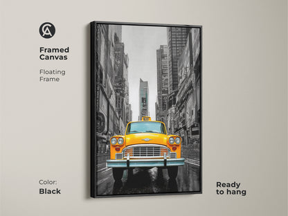 Framed canvas showcases a yellow taxi in Times Square NYC. A floating black frame adds a touch of elegance. This cityscape wall art brings a contemporary urban touch. Ready to hang this canvas is perfect as a modern entryway art piece.