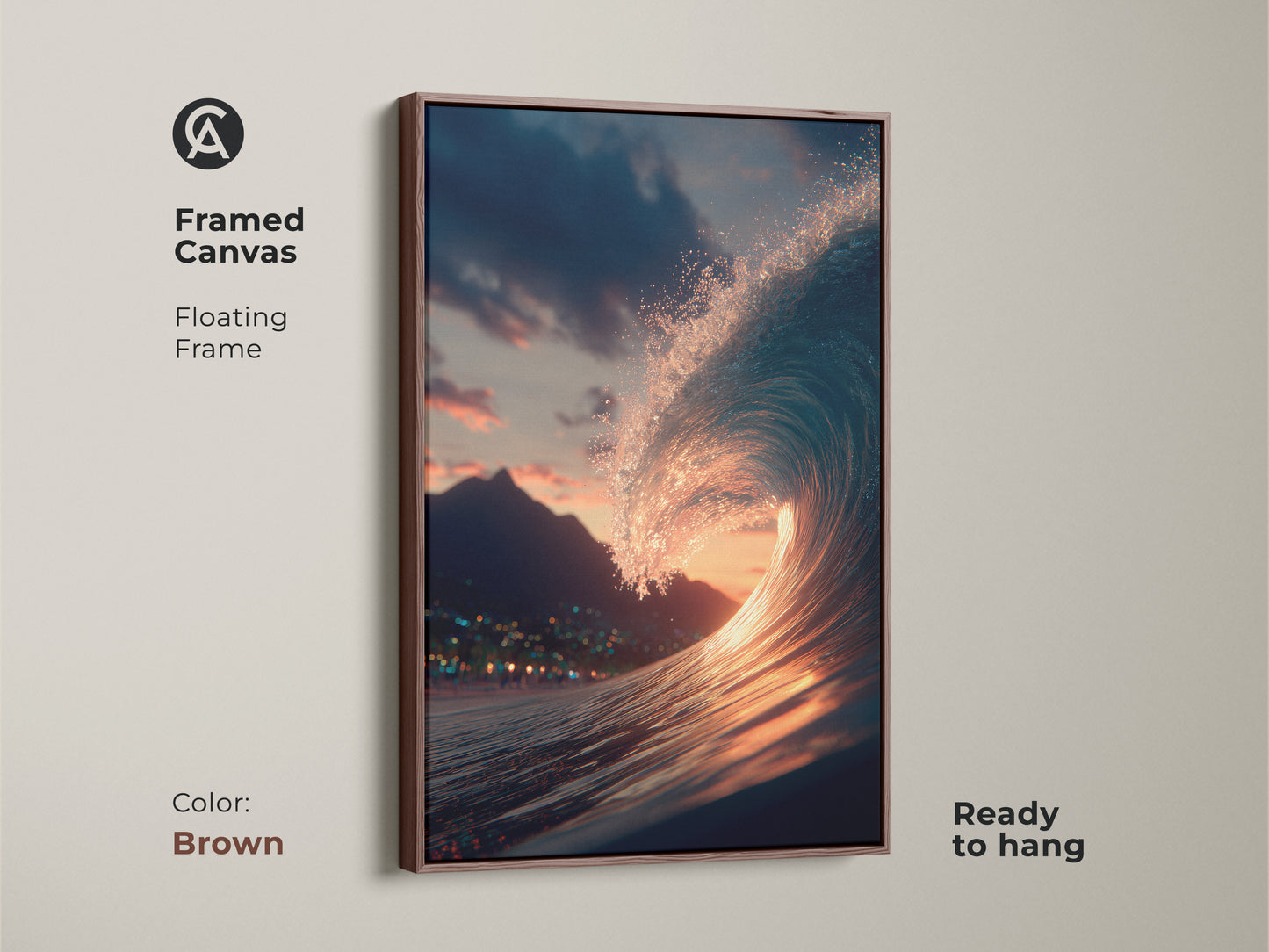 Brown framed canvas of a mesmerizing ocean wave. The floating frame adds depth to the artwork. The wave catches the golden sunset light. This framed art is ready to hang. A warm touch to any space. Buy now.