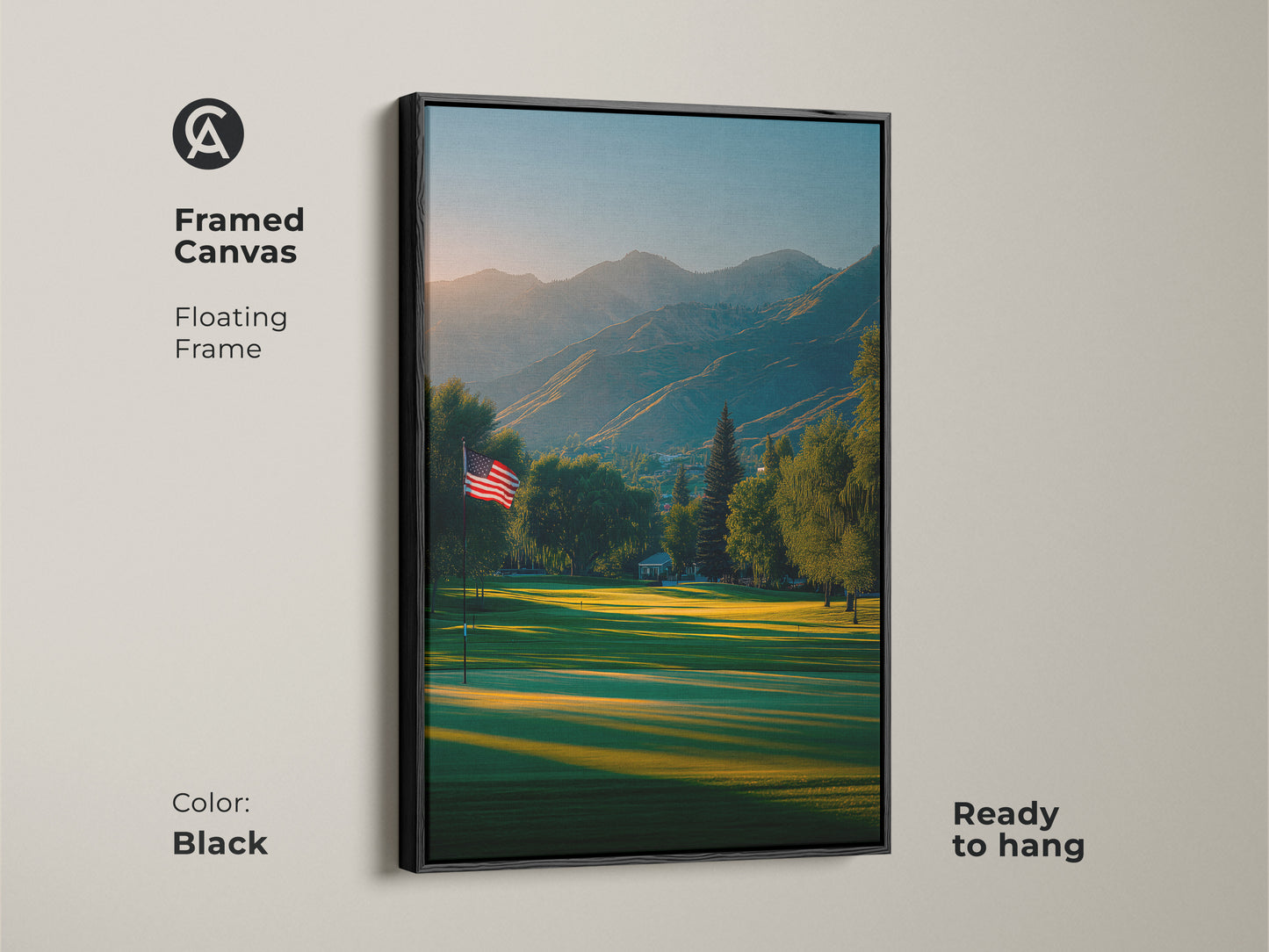 Black framed canvas art print of a golf course. The American flag is prominently placed. Mountains provide a scenic backdrop. This floating frame art is ready to hang. Shop now for elegant wall decor.