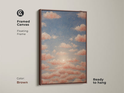 A serene peach sunset wall art canvas. This dreamy cloud art brings a bohemian vibe. The residential wall decor features soft colors. It's an artist gift canvas print.