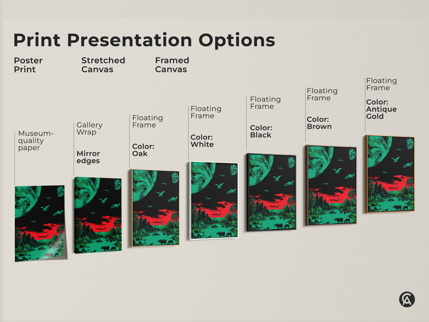 Explore print presentation options for this surreal emerald green and red art. Choose from poster prints stretched canvas and framed canvas. Each format highlights the retro sci-fi wildlife artwork. Find the perfect style for your space.