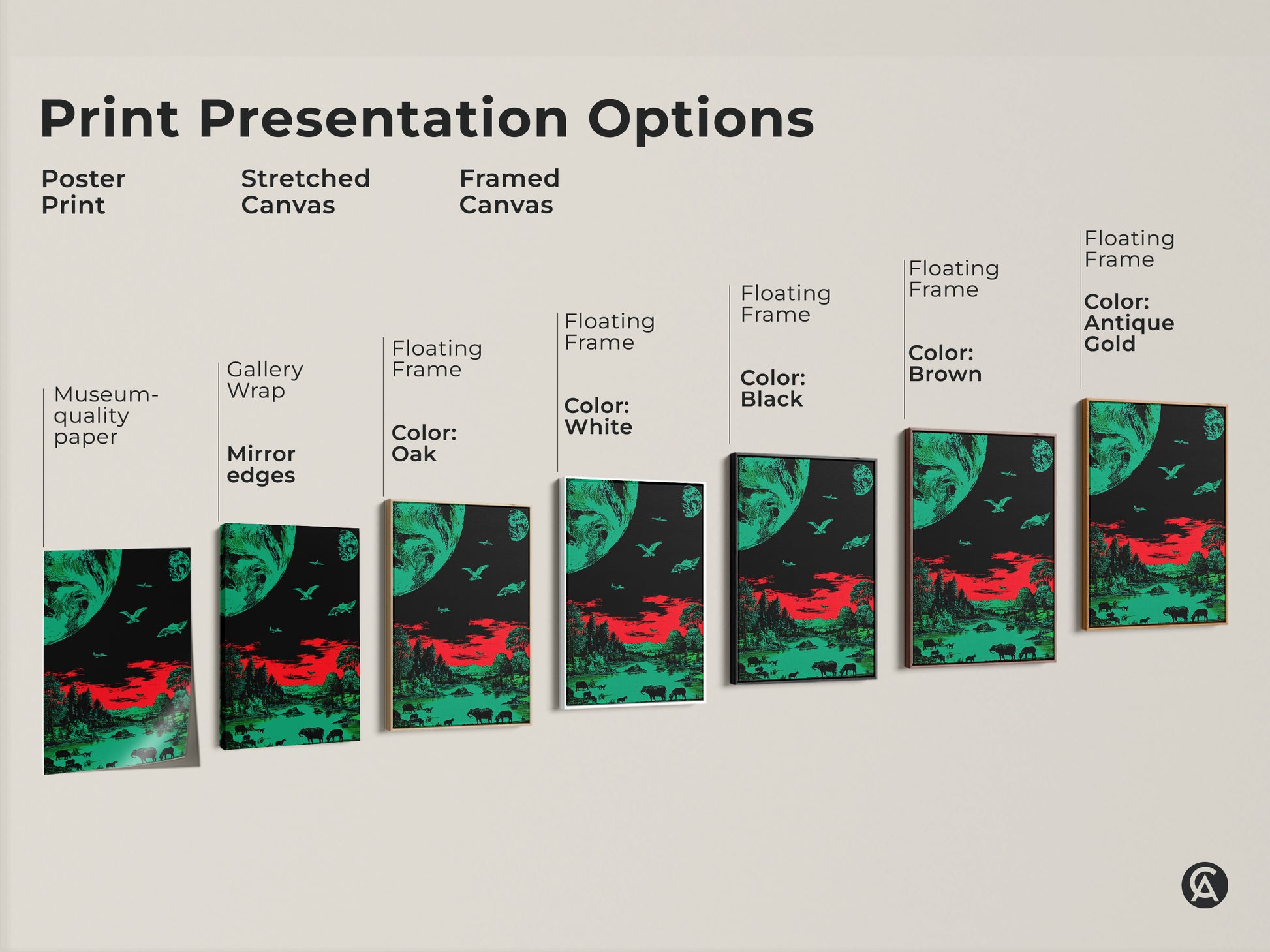 Explore print presentation options for this surreal emerald green and red art. Choose from poster prints stretched canvas and framed canvas. Each format highlights the retro sci-fi wildlife artwork. Find the perfect style for your space.