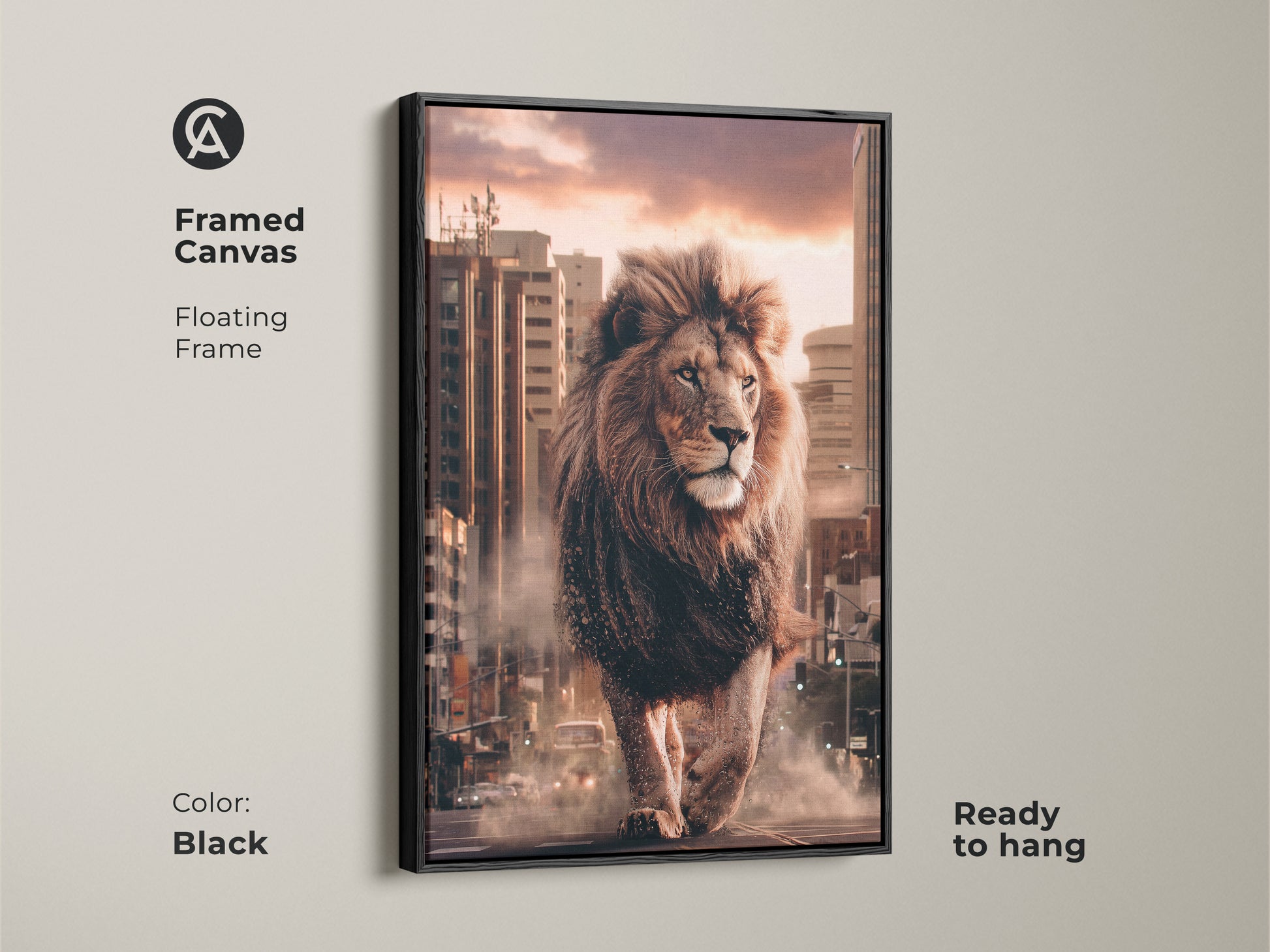 This is a framed canvas print of a lion in a cityscape. It has a floating frame. The urban wildlife wall art is contemporary animal art. The floating frame is black and ready to hang.