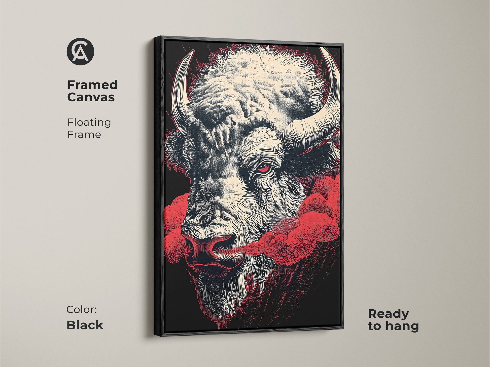 Framed canvas art showcasing a bison head with a red eye. The art is set in a floating black frame and ready to hang. The cream and black animal art features red accents. It's ideal as man cave decor or a masculine gift. The black frame enhances the artwork.