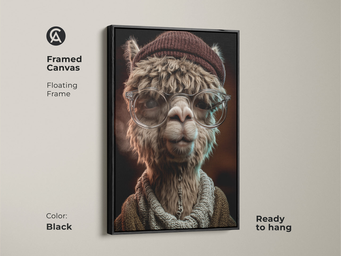 Framed canvas of the Alpaca artwork in black. Floating frame gives it a modern look. Ready to hang and adds sophistication to your space. Great for eclectic and animal themed decor.