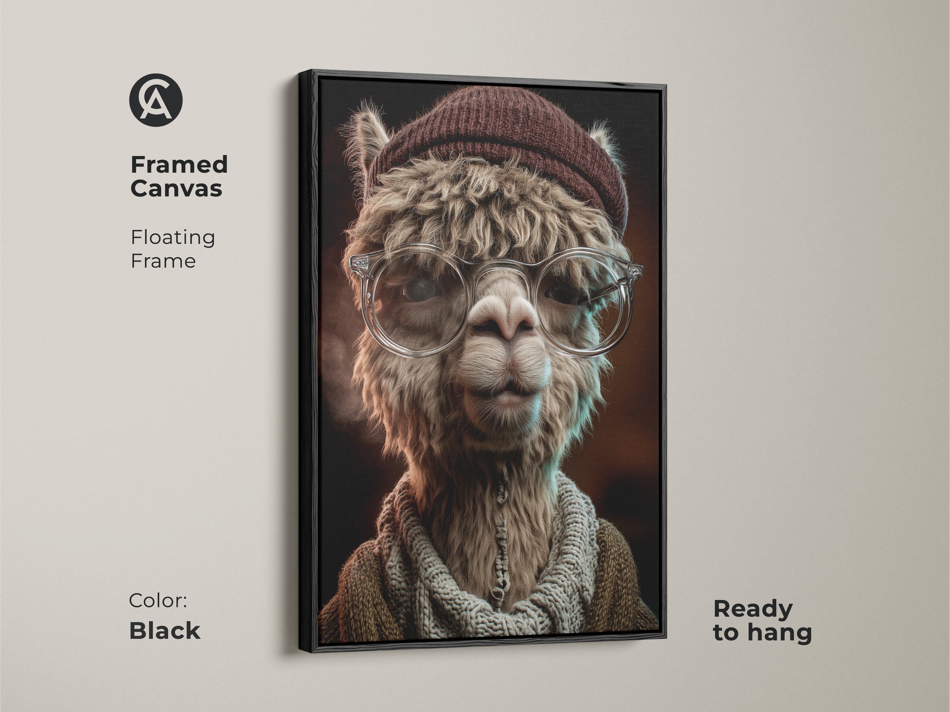 Framed canvas of the Alpaca artwork in black. Floating frame gives it a modern look. Ready to hang and adds sophistication to your space. Great for eclectic and animal themed decor.