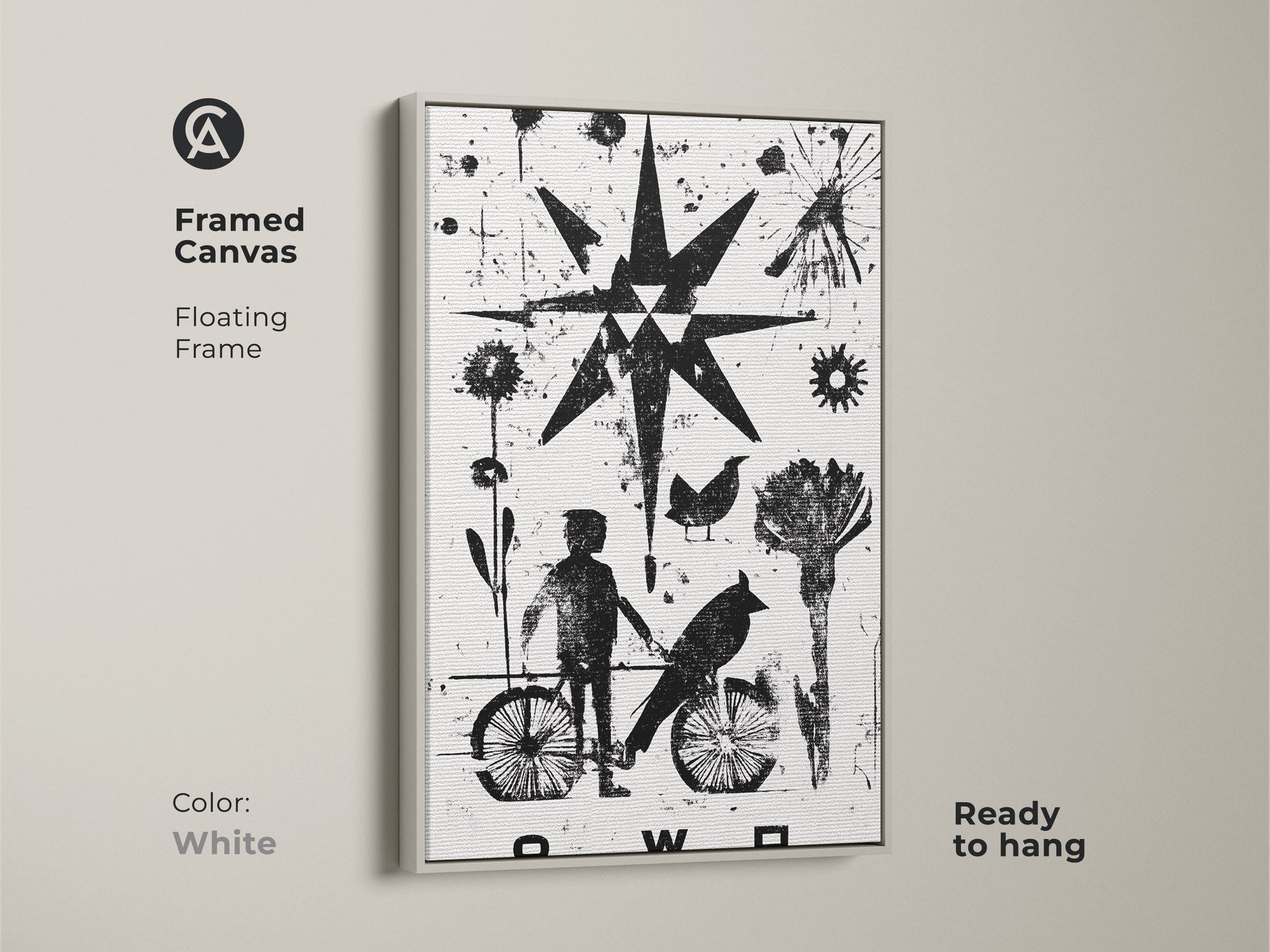 Monochrome abstract linocut art in a white floating frame. The black and white art print showcases a child bird graphic plus a starburst design. This eclectic figurative canvas will enhance any modern bedroom decor. A unique art piece for home.