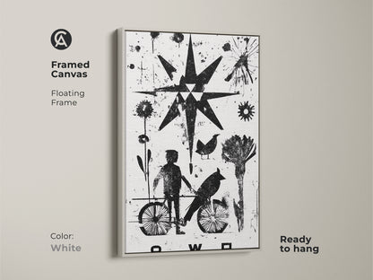 Monochrome abstract linocut art in a white floating frame. The black and white art print showcases a child bird graphic plus a starburst design. This eclectic figurative canvas will enhance any modern bedroom decor. A unique art piece for home.