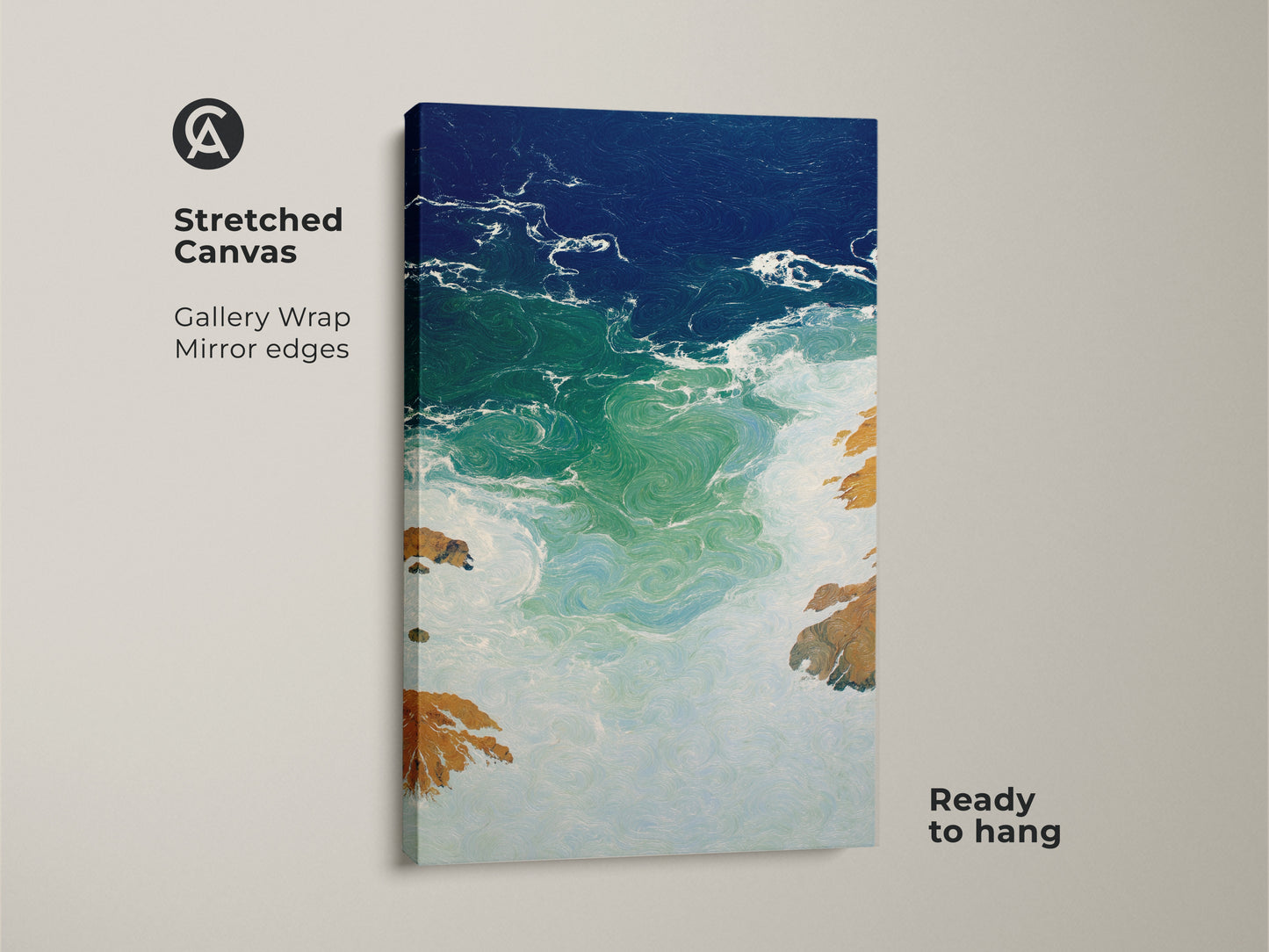 Stretched Canvas of abstract ocean waves artwork. The deep blue emerald seascape showcases coastal modern wall art. A perfect beach lover housewarming gift to enhance home decor. A ready to hang abstract coastline canvas brings an emerald green ocean print. This teal blue wave artwork creates a serene atmosphere.