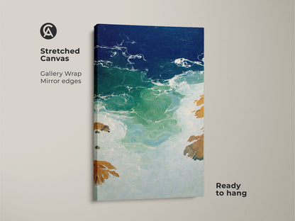 Stretched Canvas of abstract ocean waves artwork. The deep blue emerald seascape showcases coastal modern wall art. A perfect beach lover housewarming gift to enhance home decor. A ready to hang abstract coastline canvas brings an emerald green ocean print. This teal blue wave artwork creates a serene atmosphere.