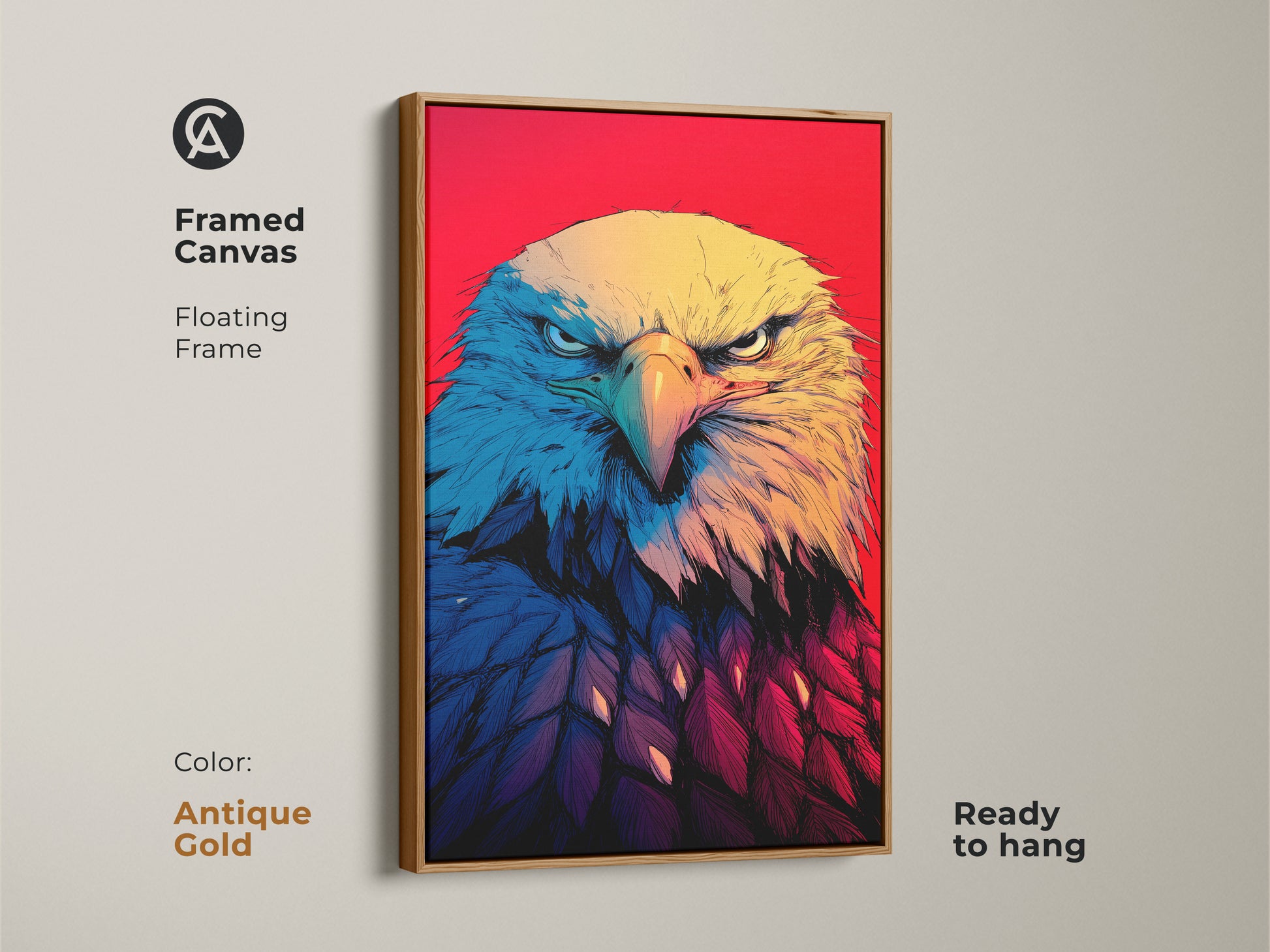 A framed canvas features a Bald Eagle Print with an Antique Gold floating frame. The wildlife artwork is ready to hang. The striking close-up portrait with a vibrant red background is intense. The bird is a bold patriotic statement. Look at the yellow blue and red hues. It is perfect for adding American spirit to any room. This is a wonderful piece of contemporary graphic styles.