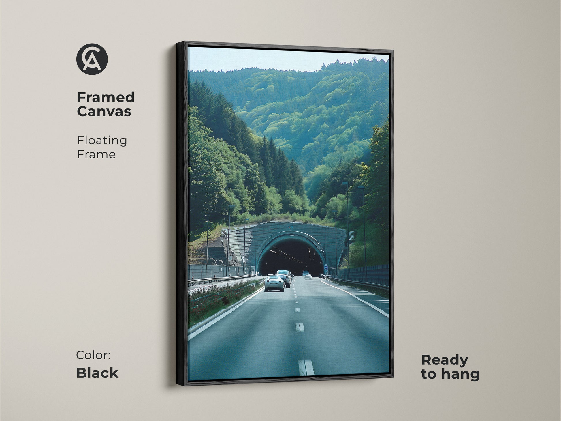 A framed canvas of the Green Forest Tunnel art. It features a floating frame and is ready to hang. Contemporary road trip art showcases realistic car photography. This travel destination canvas suits car lovers. Automotive themed wall art makes for scenic nature print. Modern home art is a unique travel gift.