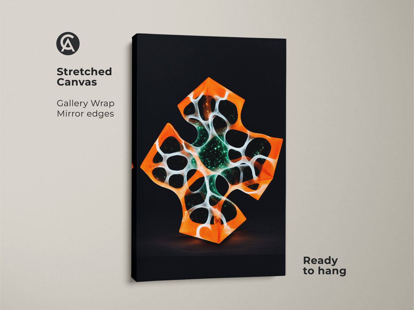 Stretched canvas print showcasing abstract geometric artwork. It features an orange and white cross design with mirror edges. The futuristic abstract art piece is ready to hang. Ideal for modern office wall decor.