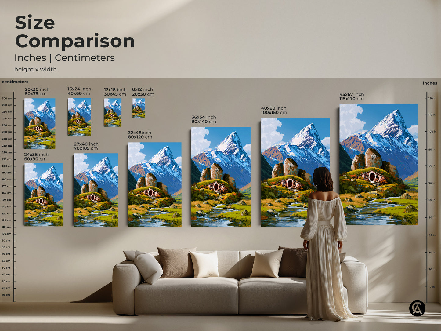 Size comparison of hobbit hole art. The snowy mountain landscape canvas sizes range from small to large. Visualize the impact of this nature inspired wall art. It is perfect for any fantasy lover's home.