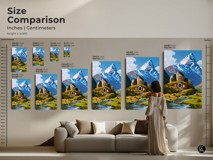 Size comparison of hobbit hole art. The snowy mountain landscape canvas sizes range from small to large. Visualize the impact of this nature inspired wall art. It is perfect for any fantasy lover's home.