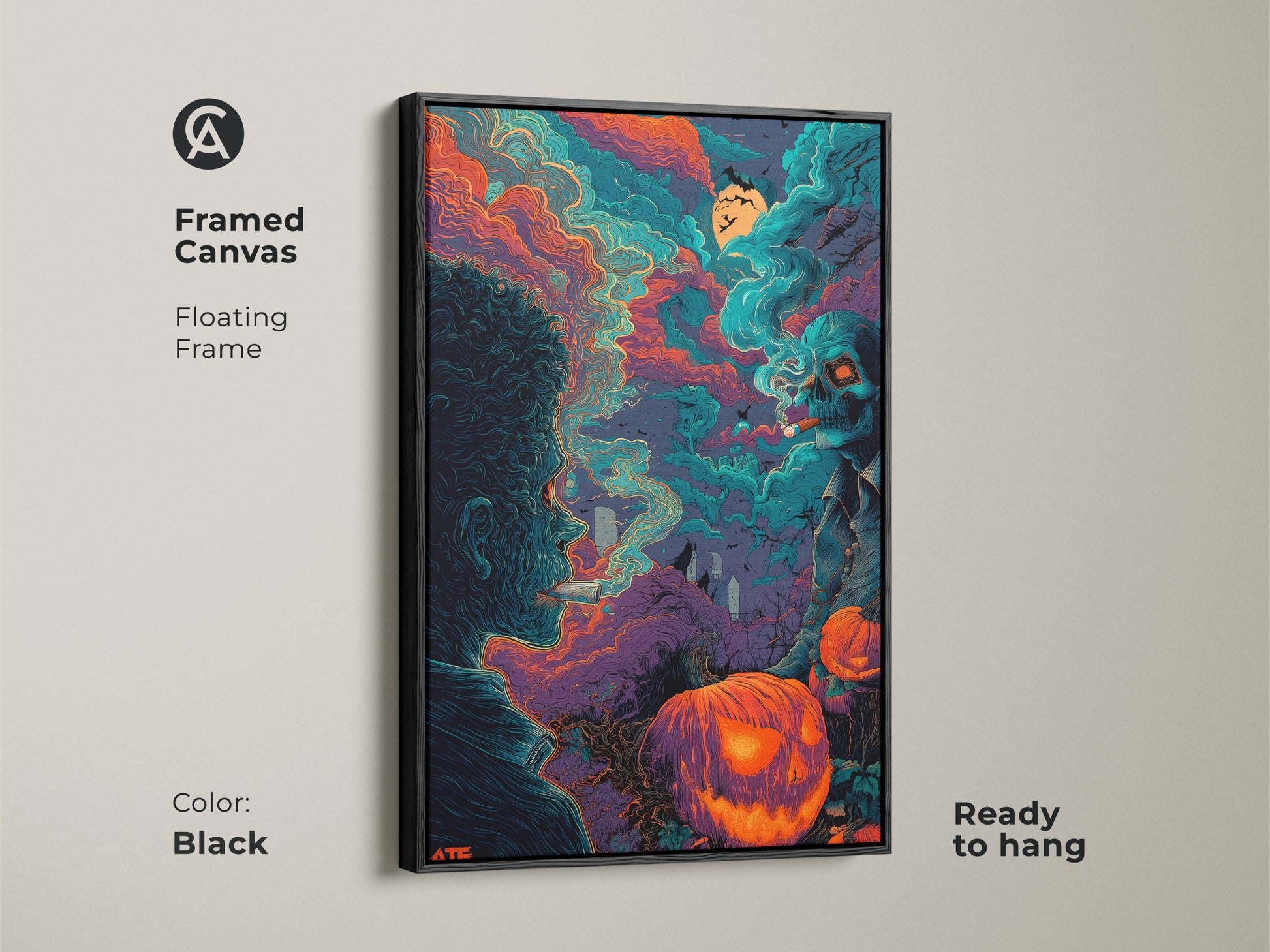 Black framed canvas of Halloween artwork. The art shows a man smoking next to a skeleton with a cigar. Bats fly above jack-o-lanterns and tombstones. This framed canvas is ready to hang.