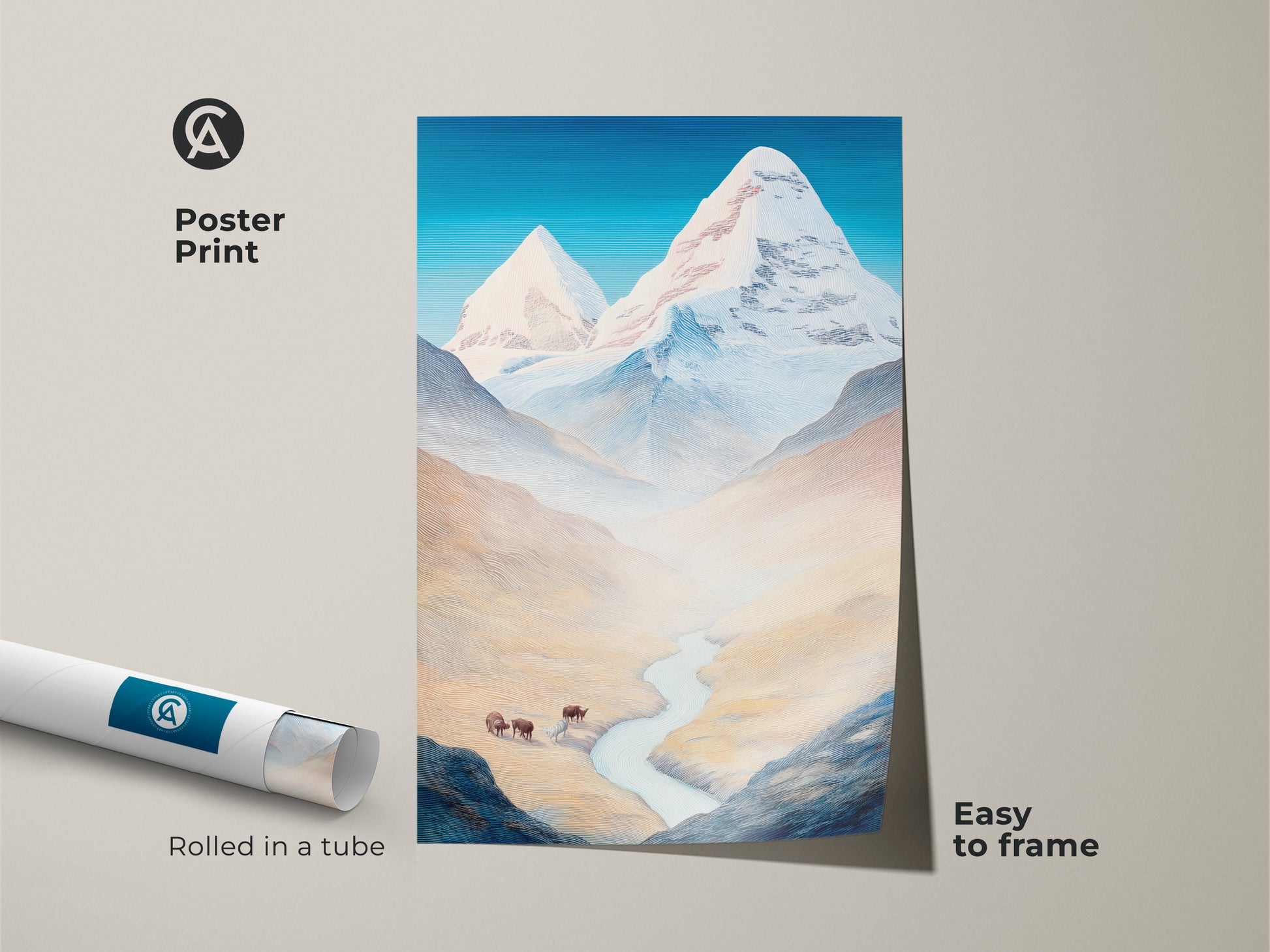 Poster Print of Mountain Bison Art rolled in a tube and easy to frame. The artwork displays a stylized landscape with a blue sky bringing nature indoors. This minimalist mountain art is perfect as a nature lover gift or for coastal farmhouse decor.