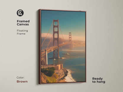 Framed canvas art showcasing the Golden Gate Bridge. This San Francisco art print has a floating brown frame. Ready to hang coastal landscape wall decor for a modern home.