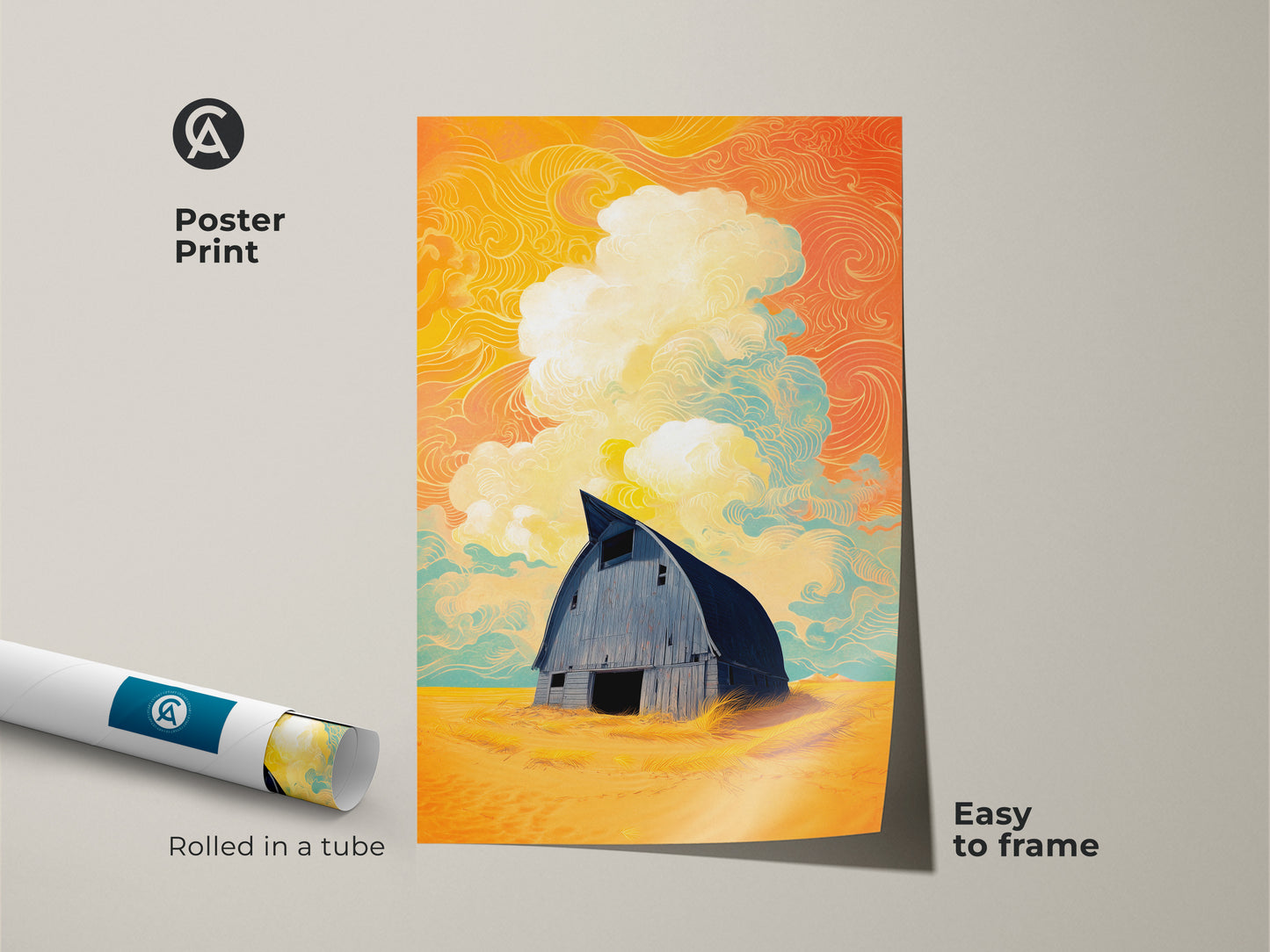 A poster print of a surreal barn canvas art rolled in a tube. This stylized landscape print features country home wall decor. The print shows the yellow orange teal art and is easy to frame. It's an eclectic farmhouse art piece that can brighten any room.