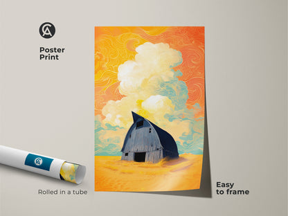 A poster print of a surreal barn canvas art rolled in a tube. This stylized landscape print features country home wall decor. The print shows the yellow orange teal art and is easy to frame. It's an eclectic farmhouse art piece that can brighten any room.