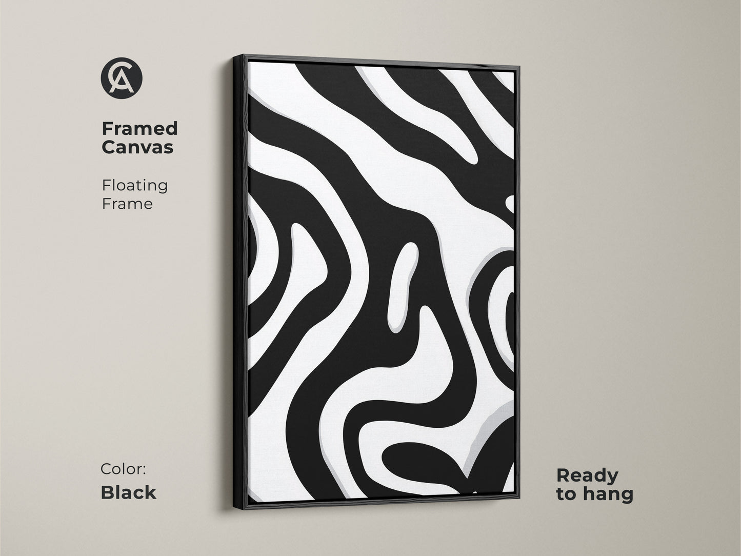 Framed canvas featuring a black abstract zebra stripe pattern. This black and white organic art is ready to hang. A floating frame enhances the modern minimalist wall art. Ideal for contemporary home decor and living spaces.