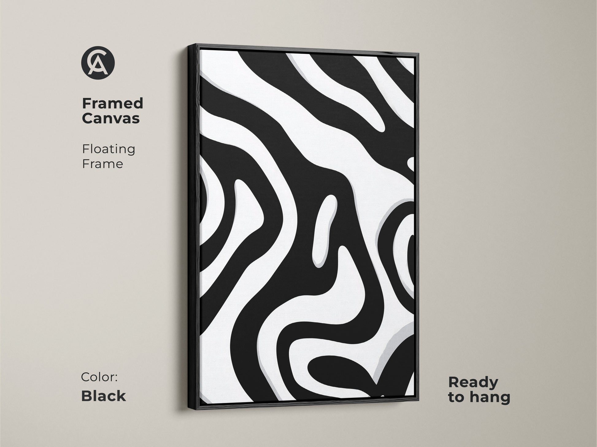 Framed canvas featuring a black abstract zebra stripe pattern. This black and white organic art is ready to hang. A floating frame enhances the modern minimalist wall art. Ideal for contemporary home decor and living spaces.