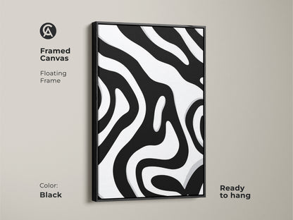 Framed canvas featuring a black abstract zebra stripe pattern. This black and white organic art is ready to hang. A floating frame enhances the modern minimalist wall art. Ideal for contemporary home decor and living spaces.