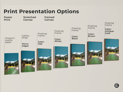 Explore print presentation options for mountain river artwork. Choose from poster prints stretched canvas and framed canvas. Each option features pine trees snowy peaks and teal-green water. Find the perfect style for your home decor.