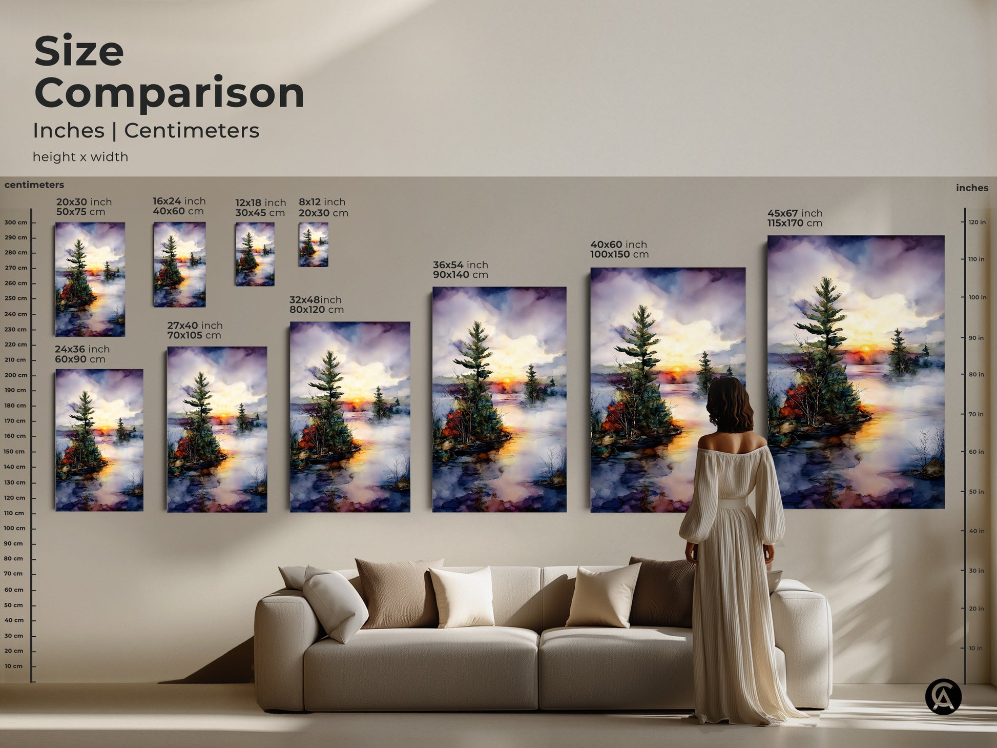 Compare sizes of this rustic landscape canvas. See how the watercolor pine tree print enhances your living room. Find the perfect nature home decor for your space. Orange yellow art adds warmth.