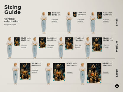 Check out our sizing guide. Vertical orientation height x width. This artwork is available as canvas or poster. Small Medium and Large sizes are shown.