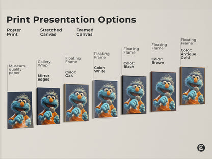 Print presentation options showcasing poster prints stretched canvas and framed canvas. All featuring the blue monster art print perfect for kids room wall art.