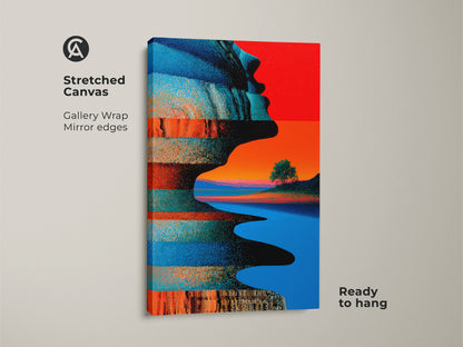 The abstract stretched canvas showcases a striking blue red and orange painting. This modern artwork combines an abstract profile with a surreal landscape. It's an excellent fit for eclectic home style. It enhances any space as vibrant art print.