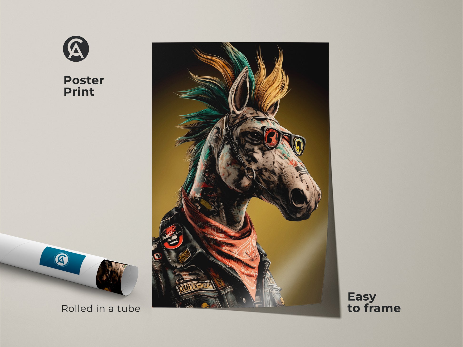 A neo punk horse rolled in a tube for easy framing. This surreal animal print is a rocker horse poster. An eclectic gift for punk rock fans. Man cave wall art and cool office artwork in teal orange and yellow. A unique birthday gift.