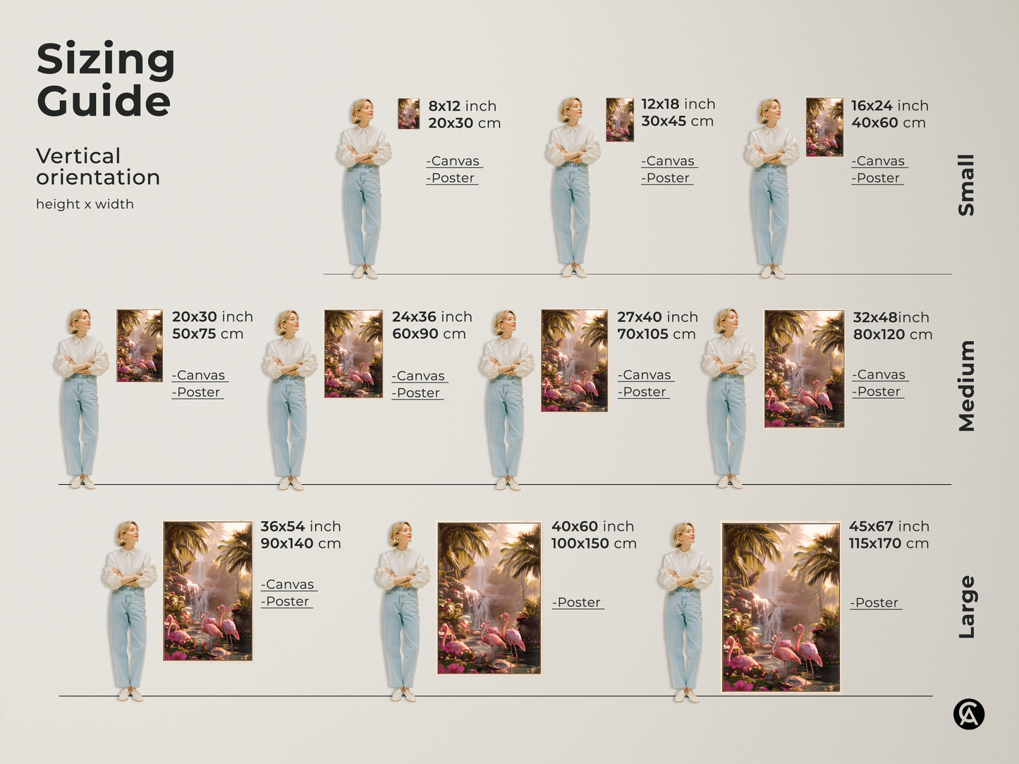 Sizing guide for vertical orientation art. Canvas and poster prints are available in small medium and large sizes. Pink flamingo and tropical waterfall artwork. Choose the perfect size for your space.